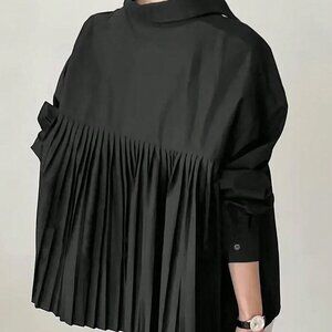 Black Casual Women's Loose Pleated Oversize Elegant Long-sleeved shirt